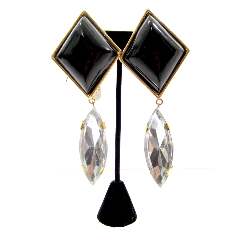 VINTAGE - Black Diamond Shaped and Crystal Drop Clip On Earrings - 