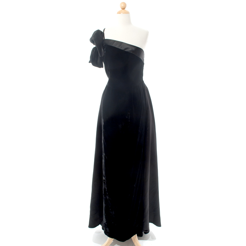 VINTAGE - Black Velvet and Satin One Shoulder Gown - 
