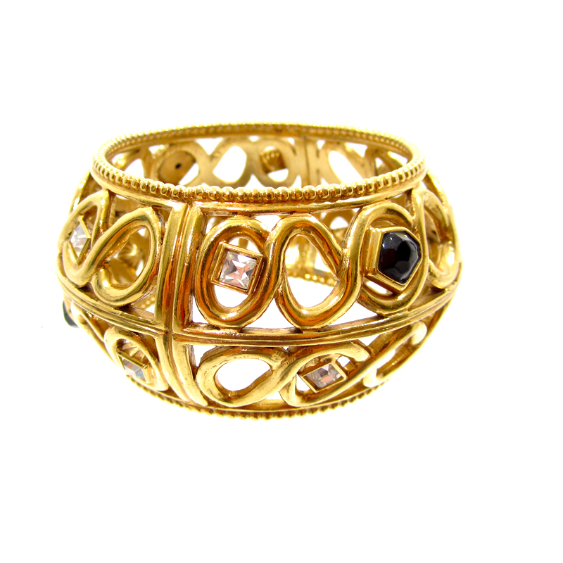 VINTAGE - Gold Cage Clear and Black Stone Bangle - 